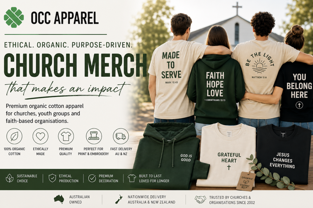 Premium organic cotton church merch by OCC Apparel
