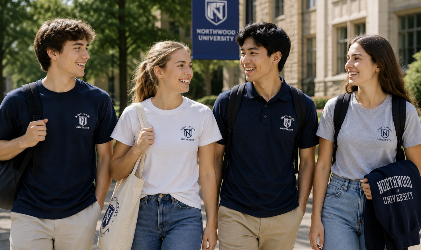 Students wearing custom university merchandise on a university campus.