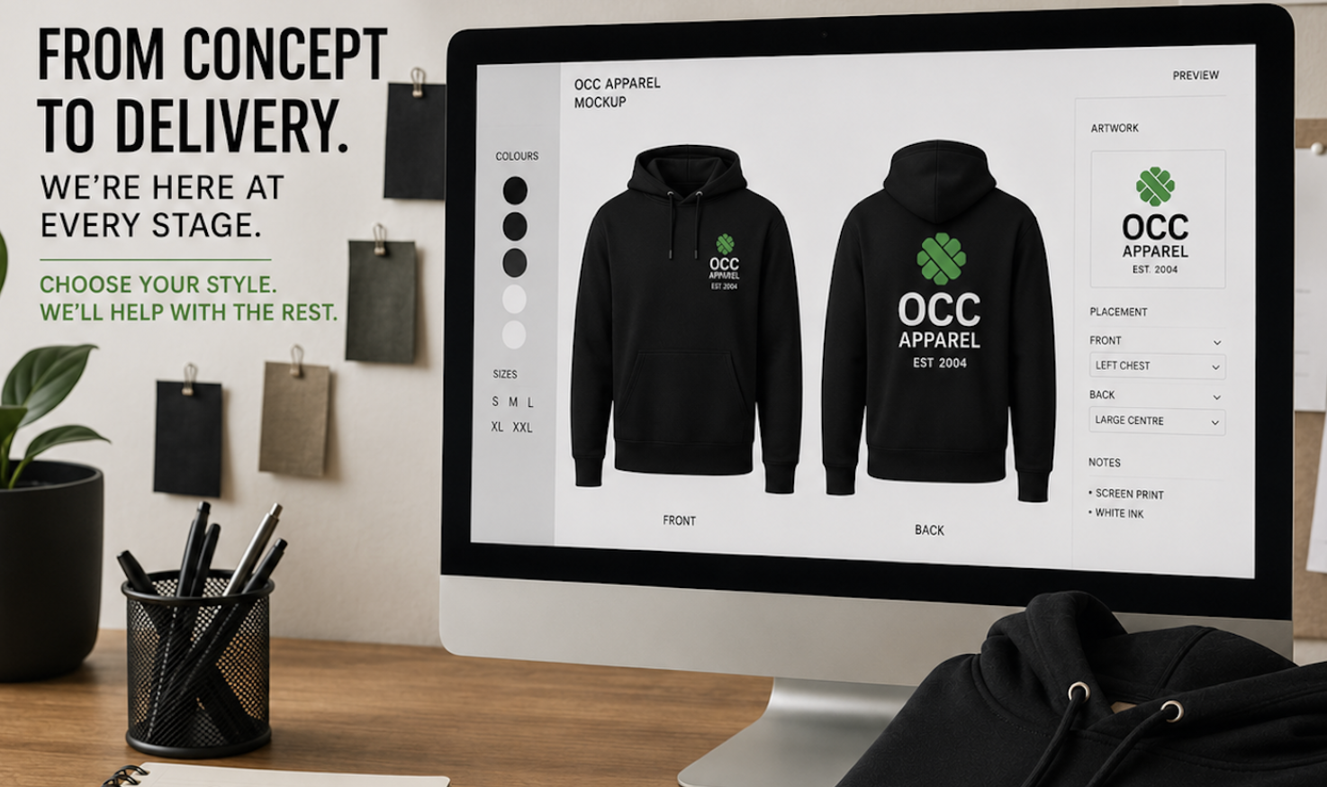 Custom apparel mockups created by OCC Apparel before screen printing and embroidery.